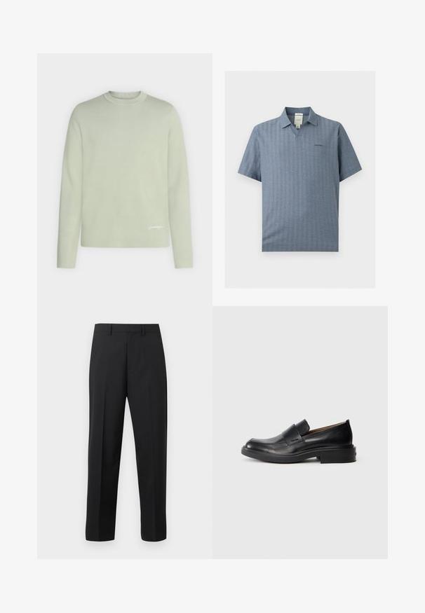 Pull vert clair à manches longues et col rond avec un logo blanc discret près de l'ourlet inférieur sur fond uni.; Polo bleu à manches courtes avec col, ouverture en V et petit logo Calvin Klein sur la poitrine gauche.; Pantalon droit noir avec passants de ceinture, pli avant et braguette zippée sur fond blanc.; Chaussure habillée noire en cuir, à enfiler, avec un petit talon et un logo Calvin Klein discret sur le côté, présentée de profil sur un fond blanc.