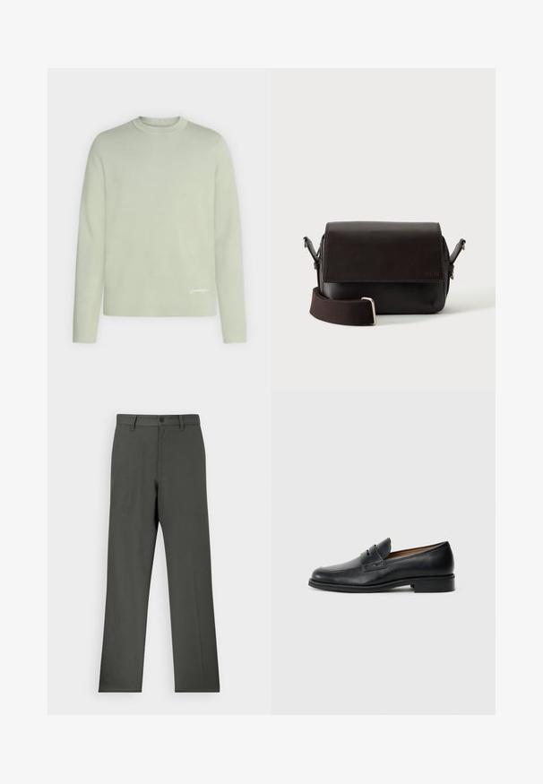 Pull vert clair à manches longues et col rond avec un logo blanc discret près de l'ourlet inférieur sur fond uni.; Pantalon gris foncé en tissu lisse, avec une coupe droite, fermeture à bouton et passants de ceinture. Pas de motifs ni d'accents visibles.; Mocassins en cuir noir avec un bout arrondi, présentant un détail de sangle à l'avant et un petit talon solide. Texture lisse et design épuré.; Sac bandoulière en cuir marron foncé avec fermeture à rabat et sangle en tissu réglable sur fond blanc.