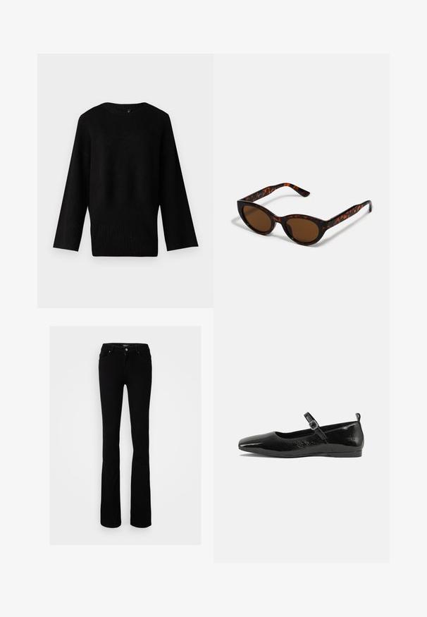 Čierny pletený sveter s širokým, okrúhlym výstrihom, dlhými rukávmi a rebrovaným lemom. Textúra vyzerá mäkká a trochu elastická.; Čierne elastické deninové rozšírené džínsy so zapínaním na gombík, štyrmi vreckami a hladkou textúrou, navrhnuté pre priliehavý siluetu.; Čierne lakované baleríny s špicatou špičkou, remienkom na členku so sponou a hladkým, lesklým povrchom. Nízky podpätok pre pohodlie.; Hnedé slnečné okuliare v štýle tortoiseshell s vintage cat-eye tvarom a hnedými sklami. Majú zakrivené ramienka s červenými akcentmi.