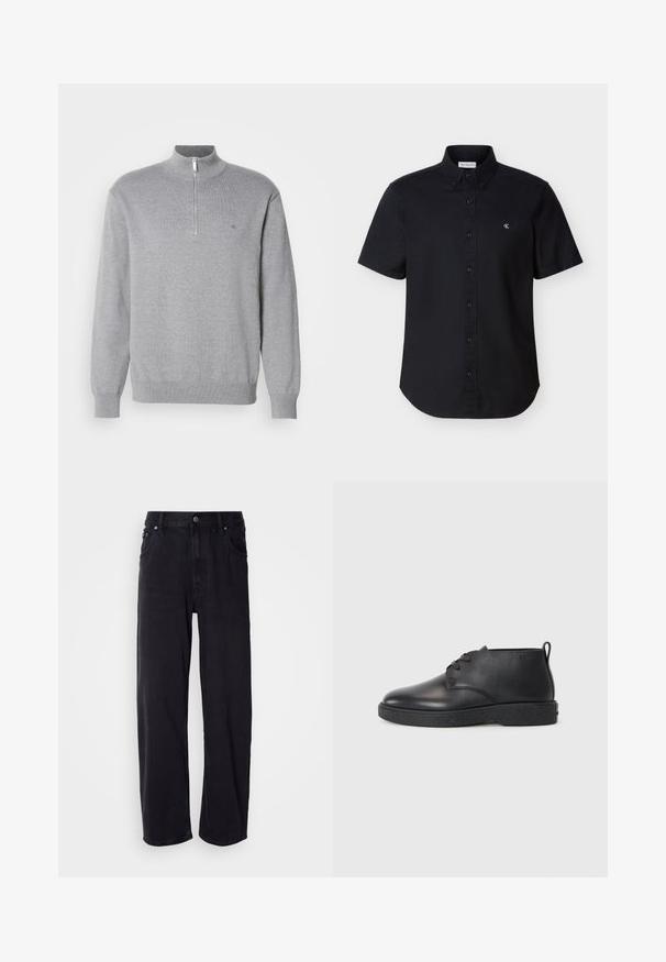 Sudadera gris con cremallera y cuello alto, de mangas largas y puños acanalados. Tejido de punto con una sutil textura y un pequeño logo en el pecho.; Camisa negra de manga corta con botones y cuello, con un pequeño logo blanco "CK" en el pecho izquierdo, sobre un fondo liso.; Vaqueros de mezclilla negra con un ajuste holgado, con cintura alta, cinco bolsillos y botones de metal. La tela tiene una textura mate.; Botas de tobillo de cuero negro con textura suave, punta redondeada y suela de goma negra. Cuentan con un diseño de cordones y un tirador en el talón para facilitar su uso.