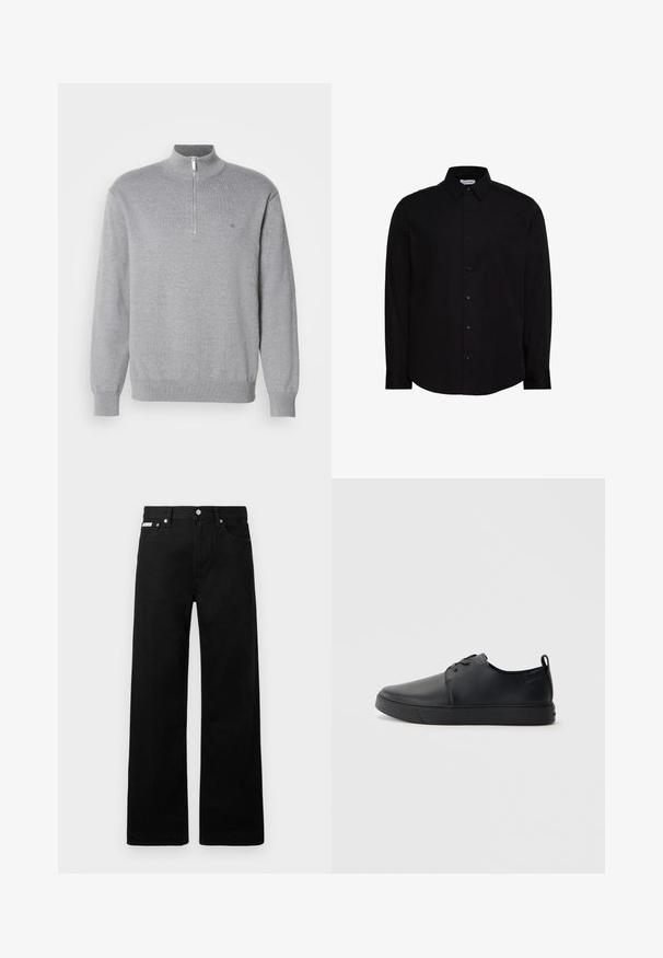 Sudadera gris con cremallera y cuello alto, de mangas largas y puños acanalados. Tejido de punto con una sutil textura y un pequeño logo en el pecho.; Camisa negra de manga larga con botones, confeccionada en una tela suave. Cuenta con un cuello clásico, tapeta frontal y un pequeño logo en el pecho.; Pantalones de mezclilla negros con un diseño de pierna ancha, que cuentan con cinco bolsillos y herrajes de botón metálico. Textura suave, sin patrones visibles.; Zapatilla negra de cuero con acabado suave, punta redondeada, costuras a tono, cordones en la parte delantera y suela de goma plana. Asa en el talón.