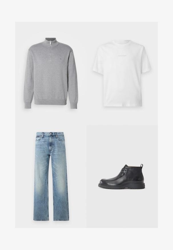 Sudadera gris con cremallera y cuello alto, de mangas largas y puños acanalados. Tejido de punto con una sutil textura y un pequeño logo en el pecho.; Camiseta blanca de manga corta con cuello redondo y discreto logo en relieve de Calvin Klein centrado en el pecho.; Vaqueros de mezclilla azul claro de corte recto con cintura alta, cinco bolsillos, cierre de botón y sutil desgaste en los muslos y las rodillas.; Botas de cuero negras hasta el tobillo con punta redondeada, diseño con cordones y una lengüeta en la parte trasera. Parte superior texturizada y suela de goma.
