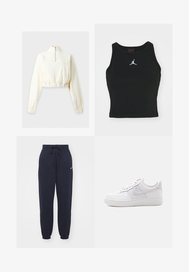 Langærmet cremefarvet cropped sweatshirt med høj krave og halv lynlås, med elastisk talje og manchetter.; Sort tætsiddende tanktop lavet af bomuld, med rund udskæring og et hvidt Jordan-logo syet på fronten i midten. Glat tekstur.; Nike joggingbukser i navyblå, lavet af blødt materiale. Har en elastisk talje med snor og manchetter ved anklerne. Lille hvidt logo accenter.; Hvid Nike Air Force 1 sneaker med lavt snit, hvide snørebånd, perforeringer på tåboksen og netpanel bag Nike swoosh-logoet.