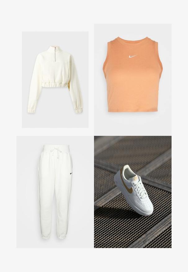 Langærmet cremefarvet cropped sweatshirt med høj krave og halv lynlås, med elastisk talje og manchetter.; Nike Sportswear TANK - Top - amber brown/sail; Hvide sweatpants lavet af et blødt stof, med elastisk talje med snøre, sidelommer og et sort Nike-logo på venstre lår.; Hvide lædersneakers med gyldne detaljer, rund tå, perforeret design på tåboksen og flade snørebånd. Har 'Air' branding på sålen.
