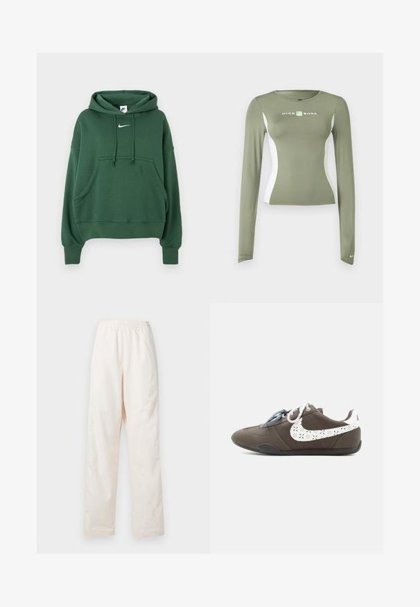 Σκούρο πράσινο hoodie της Nike με μπροστινή τσέπη καγκουρό, κουκούλα με κορδόνια και λευκό λογότυπο Nike swoosh στο στήθος.; Μακρυμάνικη μπλούζα Nike Shox σε ελαιόχρωμο πράσινο με λευκές πλαϊνές φάσες και νέον πράσινες λεπτομέρειες, στενή εφαρμογή και μικρό λογότυπο swoosh στο μανίκι.; Φαρδιά κρεμ παντελόνια με ελαστική μέση και ίσια γραμμή, παρουσιάζονται σε απλό λευκό φόντο.; Γκρι αθλητικό παπούτσι χαμηλού προφίλ με δίχρωμες κορδόνια και λευκό διατρητό λογότυπο Swoosh στο πλάι, τοποθετημένο σε απλό ανοιχτόφωτο φόντο.
