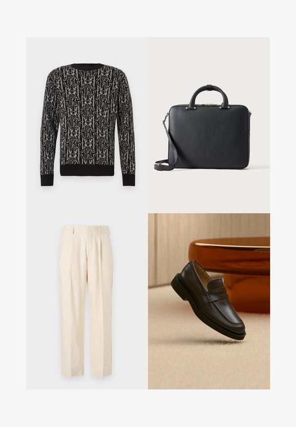 Pull en maille noire avec un motif répétitif gris composé de lettres et de formes, doté d'un col rond et de poignets et ourlet côtelés.; NN.07 KAY - Pantalon classique - off white; Mocassin en cuir noir flottant au-dessus d'un tapis beige avec des meubles arrondis marron en arrière-plan.; Mallette en cuir noir texturé avec double poignée, bandoulière amovible et fermeture éclair supérieure sur un fond clair uni.