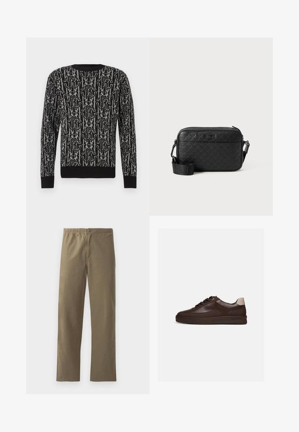 Pull en maille noire avec un motif répétitif gris composé de lettres et de formes, doté d'un col rond et de poignets et ourlet côtelés.; Pantalons kaki en tissu léger. Dotés d'une taille élastique, d'une fermeture à boutons, de jambes droites et d'une texture lisse.; Baskets en cuir marron foncé à profil bas avec une semelle rainurée et une languette beige clair au talon, vues de côté sur fond blanc.; Sac bandoulière noir texturé avec motif géométrique en relief et bandoulière réglable avec logo de la marque.