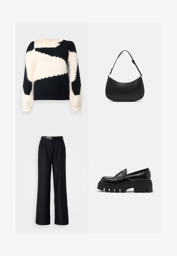 VILA VIKUNNUO O NECK TOP - Pullover - birch; Pantalons larges noirs en tissu lisse, dotés de plis devant et d'une ceinture noire assortie avec une boucle en argent.; Mocassins en cuir noir avec une semelle plateforme épaisse et texturée, et une sangle décorative sur le dessus. Fini lisse et brillant.; Pieces PCALUANA SHOULDER BAG - Sac à main - black