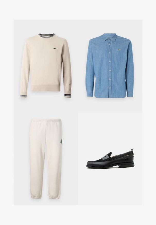 Beige sweater lavet af strikket stof, med rund halsudskæring, ribbede ærmer med sorte og grønne striber, og et lille logo på brystet.; Lys blå denimskjorte med knap-krave, lange ærmer og et lille broderet logo på venstre bryst. Har knaplukning foran.; Lys beige sweatpants lavet af bomuld, med elastisk talje, ribbede mansjetter og et grønt logo med bladdesign på venstre ben.; Sort læderloafer med grå remdetalje, lav hæl og tekstureret sål, mærket med "HUGO" i guld på siden.