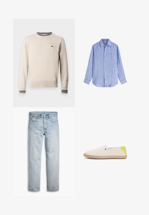 Suéter beige hecho de tejido de punto, con un escote redondo, puños acanalados con rayas negras y verdes, y un pequeño logo en el pecho.; Camisa azul de manga larga con botones, con rayas verticales blancas y un pequeño logo rojo, blanco y azul en el pecho.; Jeans de mezclilla azul claro, diseño de pierna recta, con cierre de botón, estilo de cinco bolsillos y un ligero desgaste en la tela.; Zapatos beige tipo slip-on con parte superior de lona texturizada, acento verde en el talón y suela natural tejida. Presentan un pequeño logo en el lateral.