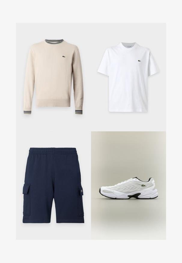 Beige sweater lavet af strikket stof, med rund halsudskæring, ribbede ærmer med sorte og grønne striber, og et lille logo på brystet.; Simpel hvid t-shirt med korte ærmer, rund hals og lille grønt krokodillelogo på venstre bryst.; Marineblå cargoshorts lavet af blødt stof, med elastisk taljebånd, to sidelommer og et lille logo på venstre lomme.; Hvide atletiske sko med tekstureret mesh-overdel, buet design og kontrasterende sort ydersål. Har en grøn broderet logo på siden.