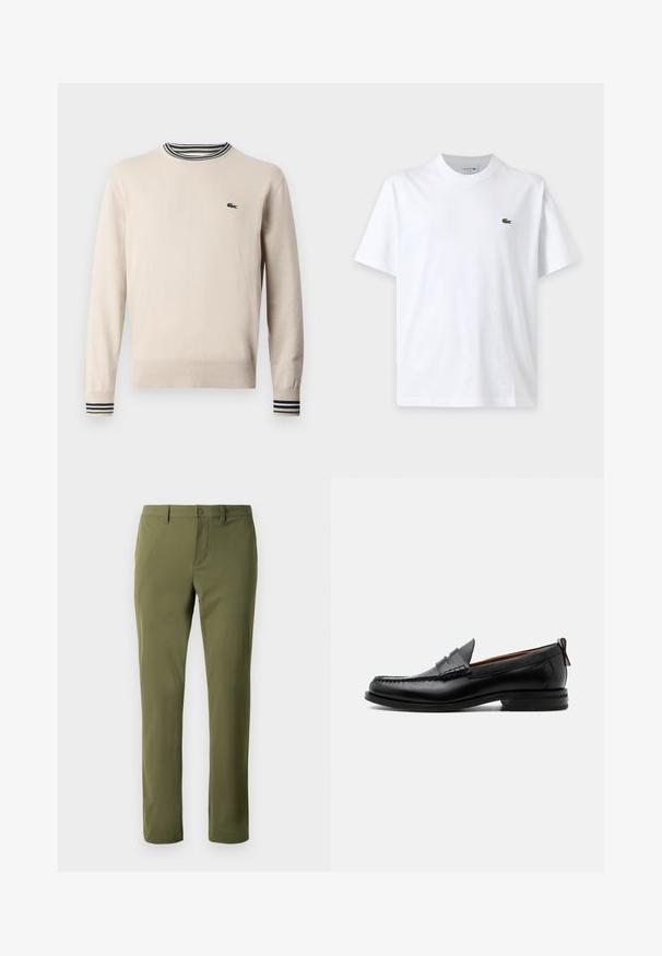Beige Pullover aus Strickstoff, mit rundem Halsauschnitt, gerippten Bündchen mit schwarzen und grünen Streifen und kleinem Logo auf der Brust.; Schlichtes weißes T-Shirt mit kurzen Ärmeln, Rundhalsausschnitt und kleinem grünem Krokodil-Logo auf der linken Brust.; Olivgrüne Hose aus glattem Stoff mit geradem Schnitt, ausgestattet mit einem Knopfverschluss und Gürtelschlaufen. Keine sichtbaren Muster oder Akzente.; Schwarzer Leder-Herrenschuh mit Mokassinnaht, Penny-Riemen, strukturiertem Kragen und niedrigem gestapeltem Absatz auf weißem Hintergrund.