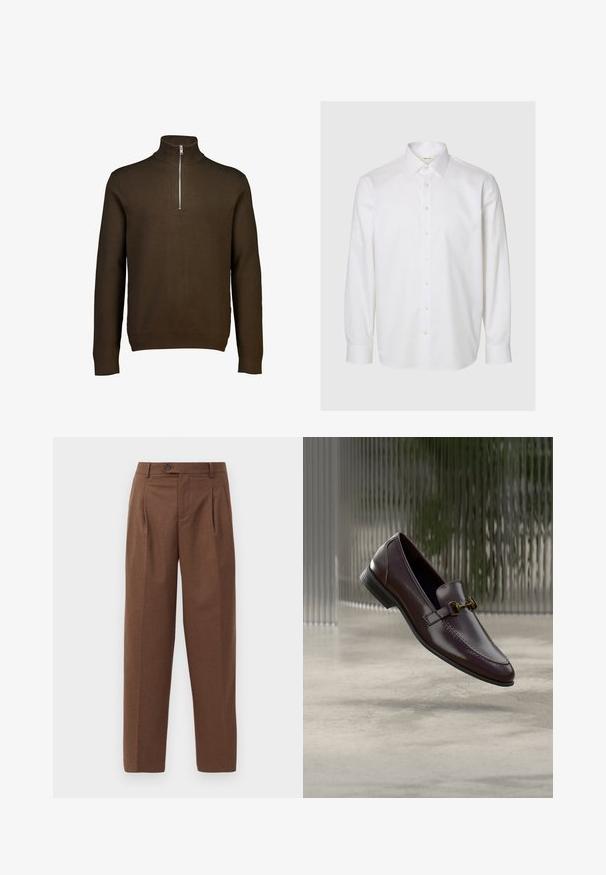 Brun zip-nakke sweater lavet af blødt strikstof. Har lange ærmer, ribbet krave og en sølv lynlås for nem påklædning.; Hvid langærmet skjorte lavet af bomuld, med klassisk krave, knapper foran og knapper ved manchetterne. Glat tekstur uden synlige mønstre.; Brune skræddersyede bukser med lige pasform, synlige folder, forlommer og en enkelt knaplukning i taljen. Glat tekstur.; Brun læderloafer med en glat finish, firkantet snude og guldfarvet hardwaredetalje. Den har en lav hæl og subtile syningsdetaljer.