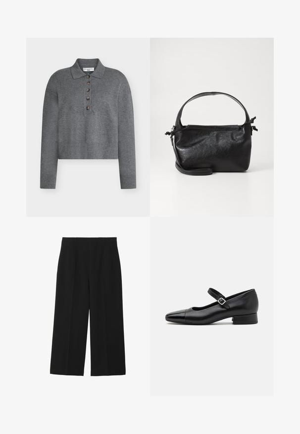 Pull gris court avec col polo, comprenant cinq boutons marron et des poignets et ourlet côtelés. Fabriqué dans un matériau doux et texturé.; Pantalons larges noirs en tissu lisse, avec deux poches avant, un devant plat, et une fermeture éclair sur le côté.; Chaussures Mary Jane en cuir noir avec un embout en vernis, une sangle cheville réglable et un petit talon carré. Texture lisse et design élégant.; Sac à main en cuir noir au design structuré, avec une poignée arrondie et une bandoulière amovible. Présente une texture lisse et un éclat subtil.
