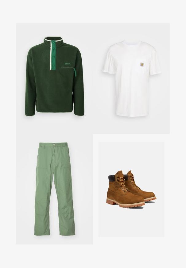 Polaire verde con cuello alto, que presenta una cremallera blanca en contraste, botones a presión y un bolsillo en el pecho con cremallera. Tejido texturizado.; Camiseta de algodón blanca con mangas cortas, un bolsillo en el pecho y un pequeño parche cuadrado de logo en naranja y blanco en el bolsillo.; Pantalones de corte relajado en un suave tono verde claro, con una textura lisa, que incluyen bolsillos laterales y detalles de costura visibles. De largo completo con un diseño de pierna recta.; Botines de ante marrón con un cuello acolchado negro, ojales dorados y suela de goma gruesa con un patrón de tacos para mayor tracción.