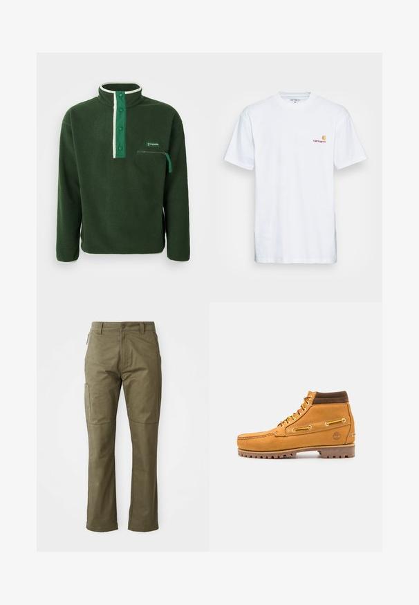 Polaire verde con cuello alto, que presenta una cremallera blanca en contraste, botones a presión y un bolsillo en el pecho con cremallera. Tejido texturizado.; Camiseta de algodón blanca de manga corta. Diseñada con un pequeño logotipo naranja y marrón en el lado izquierdo del pecho. Presenta un cuello redondo clásico.; Pantalones cargo color caqui fabricados en un duradero tejido de algodón, con bolsillos laterales, perneras rectas y cierre de cremallera con botón.; Timberland AUTHENTIC MID LACE BOOT - Botines con cordones - wheat