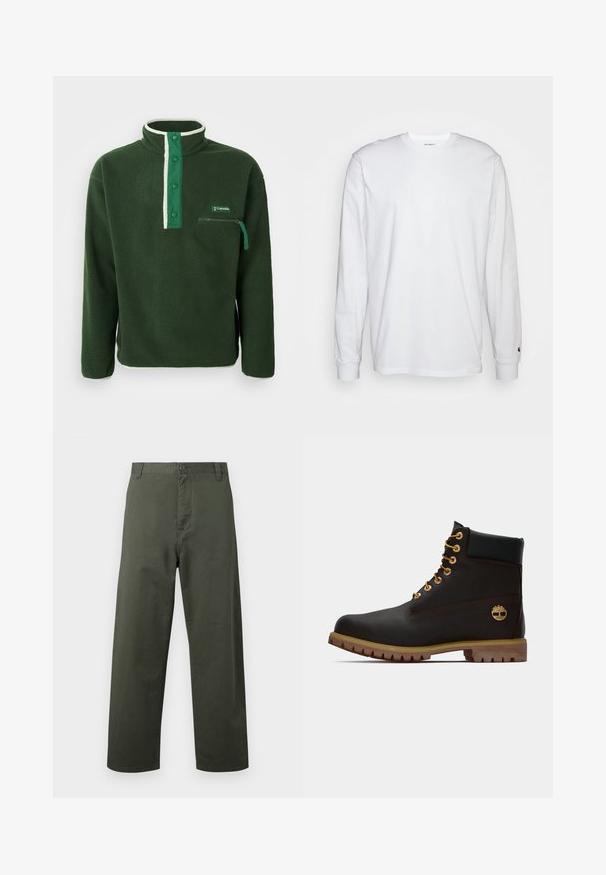 Groene fleece pullover met een hoge kraag, voorzien van een contrasterende witte rits, drukknoopjes en een ritszak op de borst. Gelaagd stof.; Witte lange mouwen T-shirt van katoen. Ronde hals ontwerp met ribgebreide manchetten en een klein logo op de linkermouw. Gladde textuur.; Groene katoenen broek met een recht gesneden ontwerp, knoopsluiting aan de voorkant en zijzakken. Soepele textuur, eenvoudige stijl en geen zichtbare patronen.; Zwarte leren enkellaars met gouden oogjes, bruine accenten en een rubberen zool. Heeft een gevoerde kraag en geperst logo aan de zijkant.