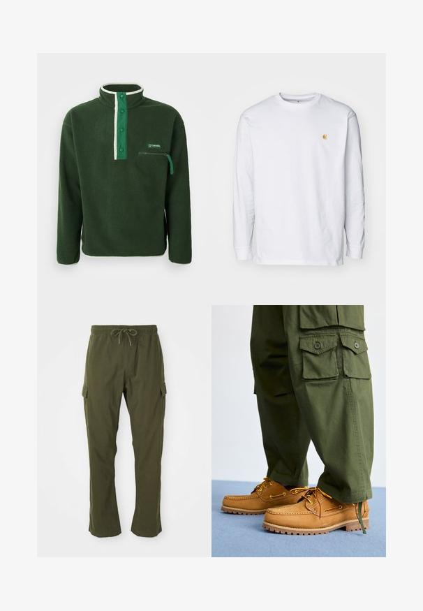 Grøn fleecepullover med høj krave, der har en kontrasterende hvid lynlås, trykknapper og en lynlåslomme på brystet. Struktureret stof.; Hvid langærmet t-shirt lavet af bomuld. Har et lille gyldent logo på brystet og en rund halsudskæring. Enkel design og standard pasform.; Olivenfarvede cargo bukser med elastisk talje, snor og sidelommer. Stoffet virker blødt med en glat overflade.; Timberland AUTHENTIC 3 EYE - Sejlersko - wheat