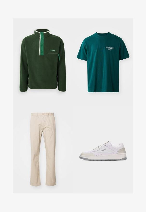 Grøn fleecepullover med høj krave, der har en kontrasterende hvid lynlås, trykknapper og en lynlåslomme på brystet. Struktureret stof.; Teal bomulds T-shirt med korte ærmer og rund hals. Inkluderer hvidt "Carhartt WIP" logo på venstre bryst. Simpelt design, lige snit.; Beige bomulds-chinos med lige ben, der har en knaplukning og diskrete folder for tekstur. Glat stof og rene linjer.; Hvid lavtop-sneakers med grå ruskindsdetaljer, grå sål, snørebånd og "just cavalli"-branding på siden.