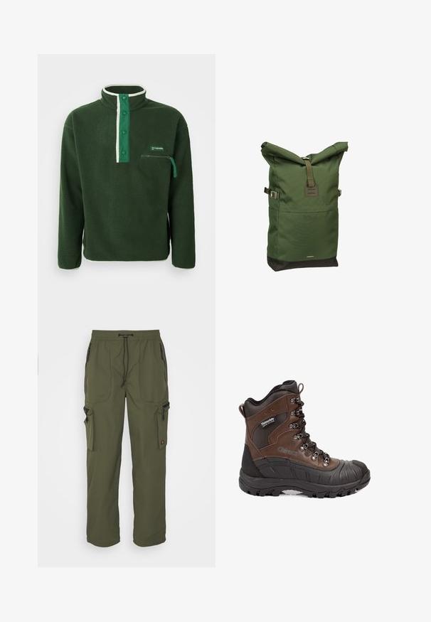 Polaire verde con cuello alto, que presenta una cremallera blanca en contraste, botones a presión y un bolsillo en el pecho con cremallera. Tejido texturizado.; Pantalones cargo verde oliva hechos de tela ligera, con una cintura elástica, cierre de cordón y múltiples bolsillos con cremallera.; Bota de senderismo aislada marrón y negra con suela gruesa, ojales de metal y etiqueta Thinsulate en el lateral.; Mochila verde de tipo rolltop hecha de tela texturizada, con un fondo oscuro, correas laterales ajustables y una etiqueta de acento de cuero.