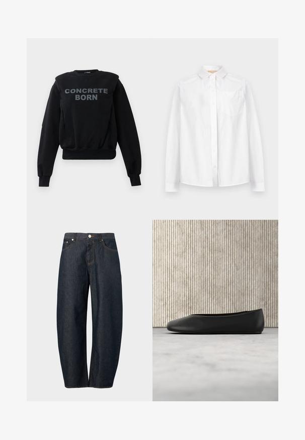 Must must sleeves ja ribidega käsivarre ja äärega musta värvi dressipluus, mille ees keskel on suurelt hall kiri "CONCRETE BORN".; Valge triiksärk pika varrukaga, krae ja rinnataskuga, esitletud ühetaolise hele tausta ees.; Tumesinised laiade säärega teksapüksid ees nupu, luku ja taskutega, neutraalse taustaga.; Mustvalge nahast balleti kingad ümarate varvastega, sile tekstuur ja kuldne logoaktsent külgedel. Paigutatud peegeldava pinna kohale.