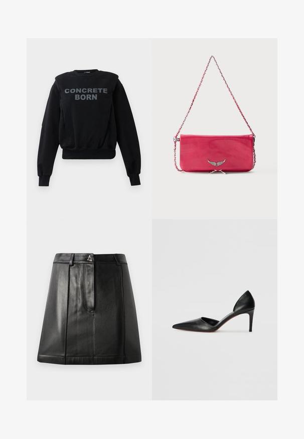 Sort langærmet sweatshirt med ribbede manchetter og kant, med fed grå tekst "CONCRETE BORN" i midten foran.; Sorte læderskirt med en struktureret form, der har en frontlomme og en metalaccent i taljen. Glat tekstur og broderede detaljer.; Sorte læder højhælede pumps med spidse tæer, åbne sider og en slank silhuet. Har en tynd hæl og rød sål som accent.; Lyserød rektangulær skuldertaske med sølvkæde-rem og lille sølvvingeemblem på frontklap.
