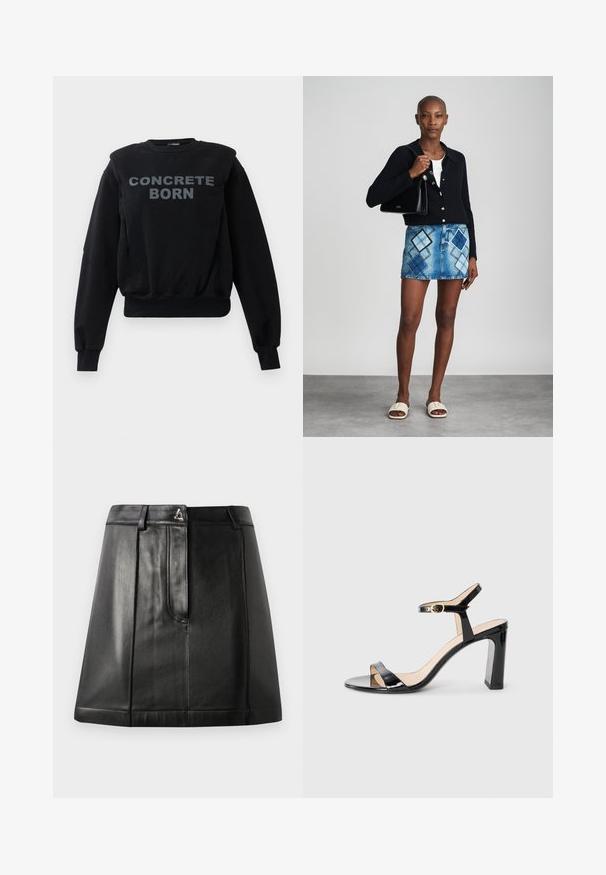 Zwarte sweatshirt met lange mouwen en geribde manchetten en zoom, met opvallende grijze tekst "CONCRETE BORN" op het midden van de voorkant.; Zwarte leren rok met een gestructureerde vorm, voorzien van een voorkantzak en een metalen accent op de taille. Gladde textuur en gestikte details.; Zwarte patenten leren hoge hakken sandaal met enkelbandje, open teen en vierkante hak. Vlotte textuur en minimalistisch ontwerp.; Zwarte gebreide cardigan, witte top, denimrok met blauw en zwart ruitpatroon, zwarte handtas en beige instapsandalen.