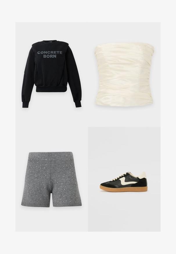 Musta pitkähiha sweatshirt ribbausrannekeilla ja helmalla, jossa on rohkea harmaa teksti "BETONISYNYYT" etuosassa keskellä.; Puuvilla sametti topi, jossa on ryppyinen pinta ja sileä lopputulos, leveällä ja rakenteellisella siluetilla.; Harmaat neulotut shortsit, joissa on pienet hopeiset niitit hajanaisesti sekä leveä resorivyötärö ja lahkeensuut valkoista taustaa vasten.; Mustat mokka- ja nahkakengät, joissa on kermaisen valkoinen sivupainatus ja vaalea kermaisine kantapää. Varustettu beigeillä nauhoilla ja kumista valmistetulla ulkopohjalla.
