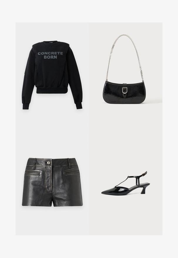 Zwarte sweatshirt met lange mouwen en geribde manchetten en zoom, met opvallende grijze tekst "CONCRETE BORN" op het midden van de voorkant.; Zwarte leren shorts met voorste knoop, riemlussen en twee horizontale voorzakken op een lichtgrijze achtergrond.; Zwarte pumps van lakleer met spits toelopende neus, T-strap en lage schuine blokhak op witte achtergrond.; Zwarte lakleren schoudertas met een zilveren gespdetail en een zilveren kettingriem, getoond tegen een effen lichte achtergrond.