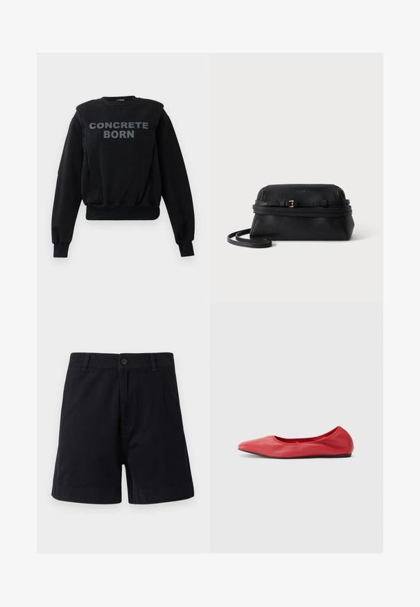 Sort langærmet sweatshirt med ribbede manchetter og kant, med fed grå tekst "CONCRETE BORN" i midten foran.; Mørkeblå bomuldsshorts med knaplukning, sidelommer og lige snit, med en glat tekstur og enkelt design.; Filippa K REY FLATS - Ballerinasko - bright red; Sort blød lædertaske med en tynd justerbar rem og lille guldlås, sat mod en hvid baggrund.