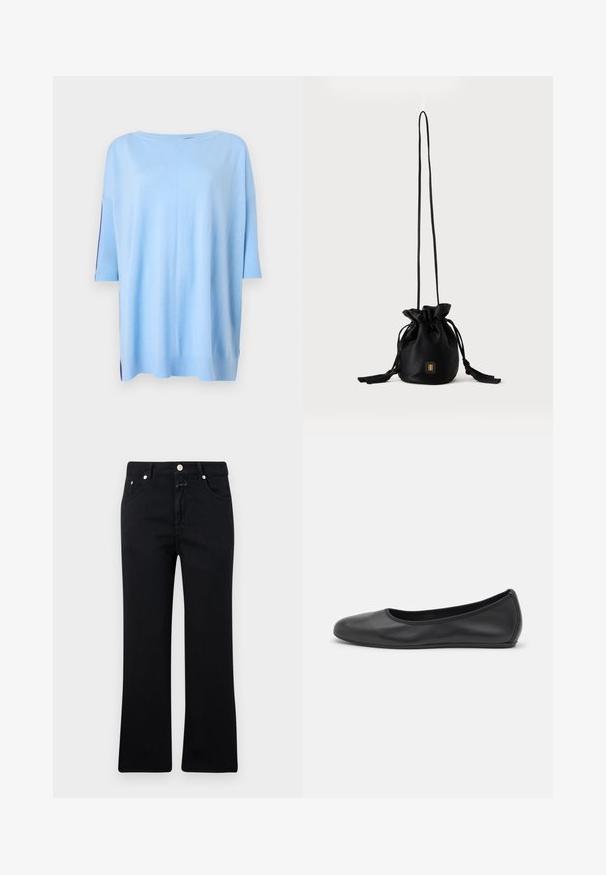 Lysblå kortærmet sweater med en løs pasform, ribbede detaljer på ærmerne og splitter i kanten for ekstra tekstur.; Sorte jeans med lige ben, fem-lomme stil, metalhardware og en blød denimtekstur. Minimalistisk og ensartet i farven.; Sort læderballetsko med rund tå, glat tekstur, minimal syning og et fleksibelt såldesign.; Sort snørelukket bucket-taske med lang tynd rem og lille gyldent firkantet logo foran, vist mod en ensfarvet baggrund.