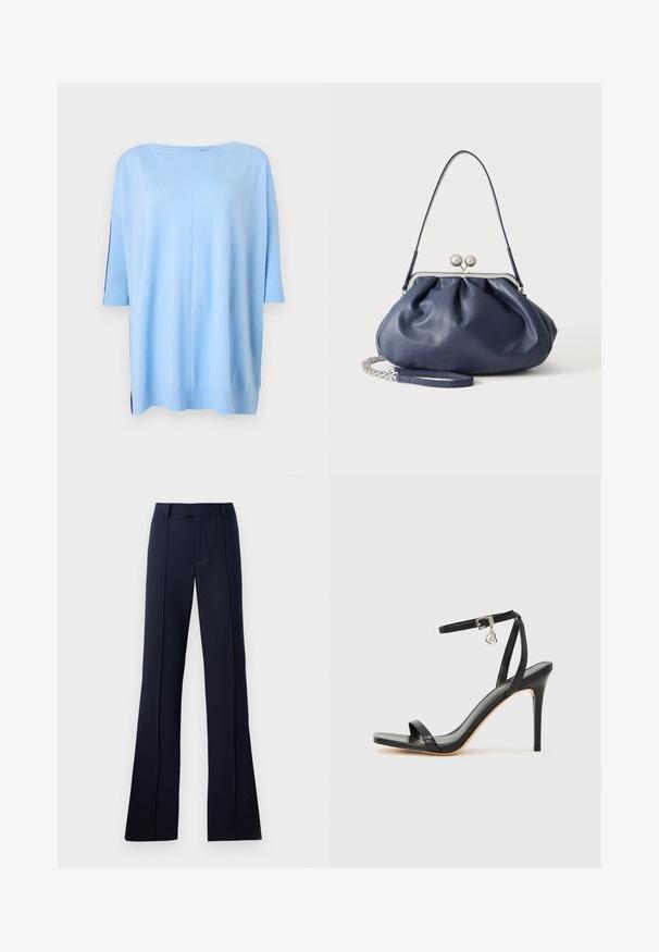 Pull léger bleu à manches courtes avec une coupe ample, des accents côtelés sur les manches et des fentes sur les côtés à l'ourlet pour une texture supplémentaire.; Pantalons évasés bleu marine en tissu lisse. Présentent un devant plat, des passants de ceinture et des plis pressés. Aucun motif ni accent visible.; Sandale à talon haut noire avec une bride étroite à la cheville, bout carré, cuir lisse et accent de boucle métallique.; Sac à main en cuir bleu marine doux avec fermeture à boucle argentée, une seule bandoulière, et une chaîne de poignet amovible sur fond blanc.