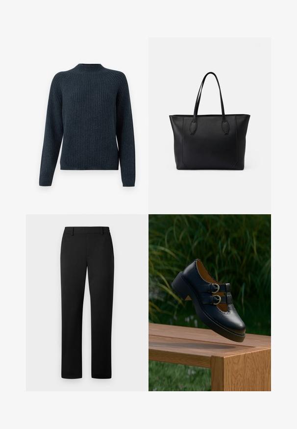 Donkerblauwe geribde trui met lange mouwen, een ronde hals en een textuurgebreid ontwerp. Heeft een relaxte pasvorm en geen zichtbare accenten.; Zwarte broek met een rechte pijp, gemaakt van een gladde stof met een nette tailleband en voorkwarten.; Zwarte leren schoen met dubbele gesp en geperforeerde details die boven een houten bankje buiten zweeft met groen gras en planten op de achtergrond.; Zwarte leren tote bag met twee stevige handvatten, voorzien van een zachte textuur, rechthoekige vorm en subtiele stitching details langs de randen.
