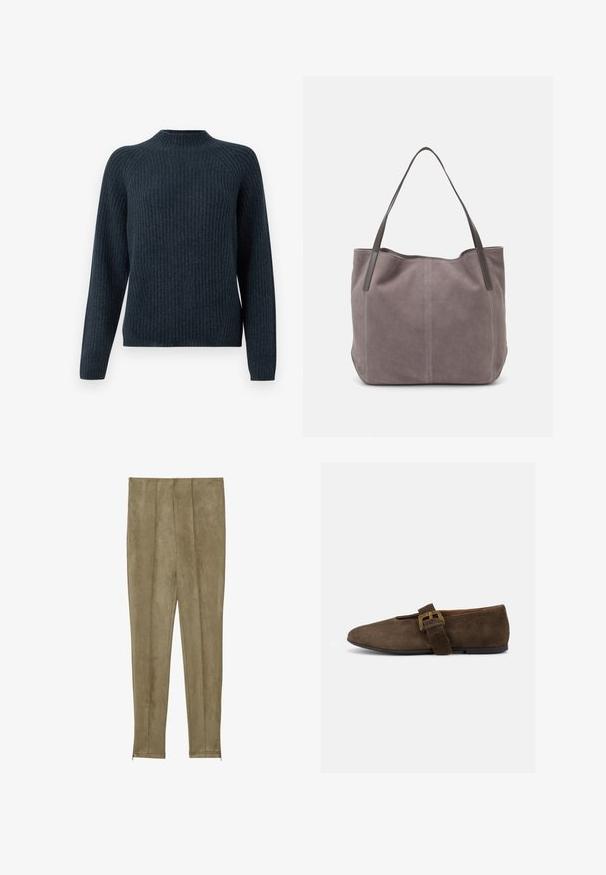 Donkerblauwe geribde trui met lange mouwen, een ronde hals en een textuurgebreid ontwerp. Heeft een relaxte pasvorm en geen zichtbare accenten.; Khaki nepkatoenen leren broek met verticale naaddetails en smalle boorden, met een gladde textuur en een getailleerde silhoeet.; Bruine suède platte schoen met brede band en gouden gesp, afgeronde neus en lage zwarte zool, zijaanzicht op witte achtergrond.; Grijze suède tote bag met twee donkere leren hengsels. Kenmerkt zich door gestikte details aan de zijkanten, een zachte textuur en een ruime opening.