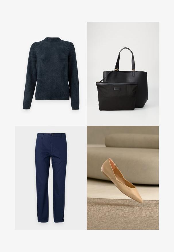 Donkerblauwe geribde trui met lange mouwen, een ronde hals en een textuurgebreid ontwerp. Heeft een relaxte pasvorm en geen zichtbare accenten.; Navyblauwe katoenen chinos met een platte voorkant, metalen knoopsluiting, zijzakken en omslagmanchetten. Gladde textuur en op maat gemaakt ontwerp.; Beige platte schoen met puntige neus zwevend boven een gestructureerd beige tapijt met een beige bank op de achtergrond.; Zwarte draagtas van glad faux leder met een zwart stoffen ritszakje, voorzien van gouden hardware en een geperst merkembleem.