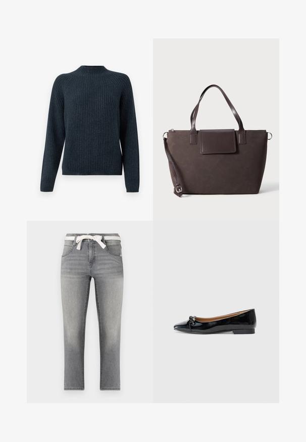 Pull en maille côtelée bleu marine avec des manches longues, un col rond et un design texturé. Il présente une coupe décontractée et n'a pas d'accessoires visibles.; Jeans en denim gris avec une coupe droite, dotés d'une ceinture en cravate rayée, de poches avant et d'une légère décoloration sur le tissu.; Ballerines en cuir verni noir avec un bout pointu, un petit nœud à l'avant et un petit talon carré. Texture lisse et brillante.; Sac fourre-tout marron en matériau texturé, avec deux poignées, une bandoulière amovible et une fermeture à rabat, ornée de détails de couture élégants.