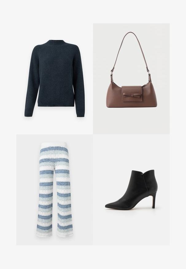 Donkerblauwe geribde trui met lange mouwen, een ronde hals en een textuurgebreid ontwerp. Heeft een relaxte pasvorm en geen zichtbare accenten.; Gebreide wijduitlopende broek met horizontale strepen in tinten blauw en wit, met een gestructureerd, kantachtig patroon.; Zwarte leren enkellaarsjes met een puntige neus, taps toelopend ontwerp en een stilettohak, met een unieke geschulpte opening bij de enkel.; Bruine leren schoudertas met een voorvak met klep en een gestikte strikdetail en een verstelbare band.