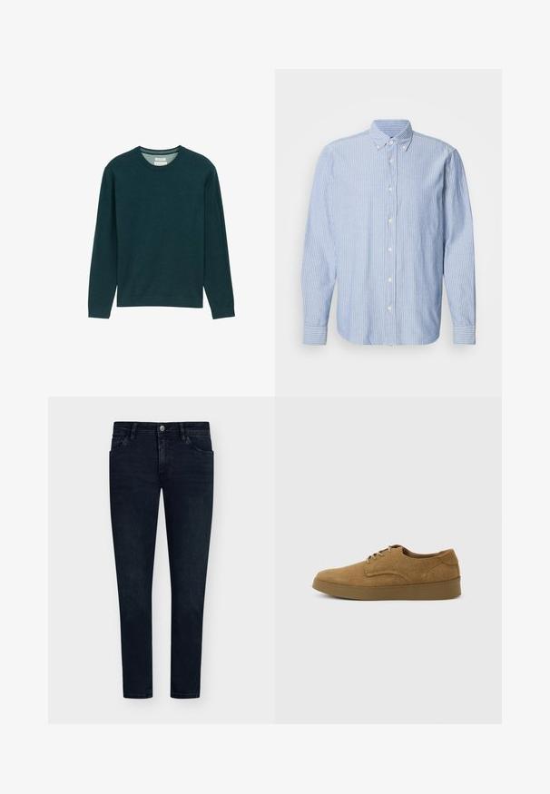 Sudadera de manga larga verde oscuro con cuello redondo acanalado, textura suave y un sutil detalle del logo en la parte frontal. Corte clásico.; Camisa de botones en azul claro con rayas blancas, que presenta un cuello clásico y mangas largas. Confeccionada en tejido tejido con una textura suave.; Vaqueros de mezclilla azul oscuro con un ajuste slim, diseño de cinco bolsillos, cierre de botón y un desvanecimiento mínimo. Frontal plano y aberturas de pierna estrechas.; Zapato casual marrón de ante con cordones y suela de goma plana, visto de lado sobre un fondo claro y liso.