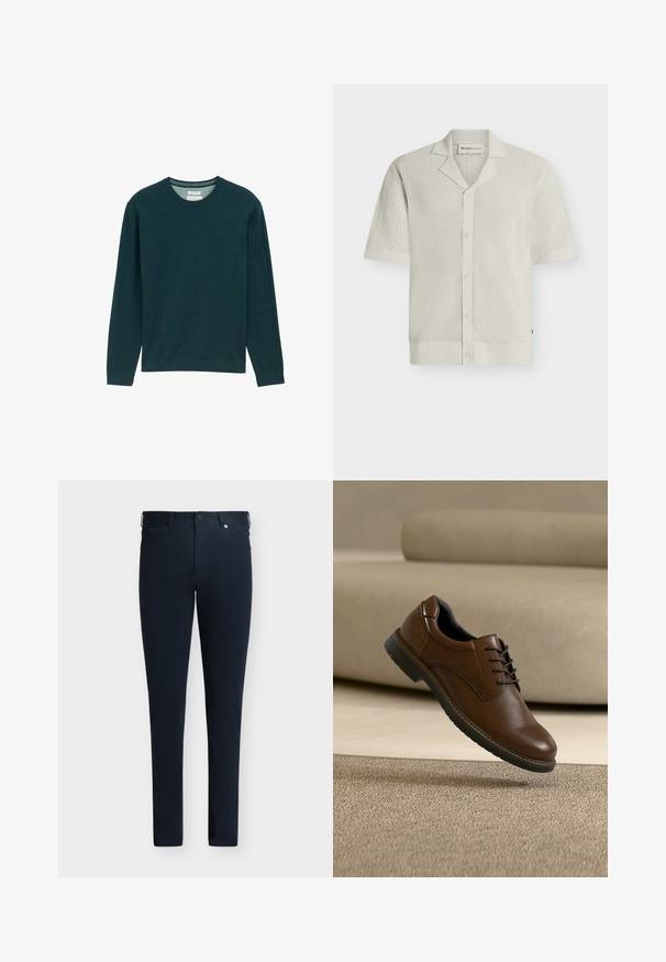 Mørkegrøn langærmet sweatshirt med ribbet rund hals, blødt stof og en diskret logo-detail på fronten. Klassisk pasform.; Kortærmet, off-white strikket skjorte med åben krave og knapper foran, med et tekstureret perforeret mønster over det hele.; Slim fit mørkeblå bukser med bæltestropper, knap- og lynlåslukning foran samt lommer på en ensfarvet baggrund.; Brun læderdressko med sort sål og snørebånd svæver tilsyneladende over et beige tæppe i et blødt oplyst, moderne indendørs miljø.
