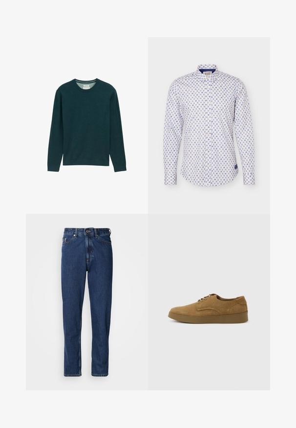 Sudadera de manga larga verde oscuro con cuello redondo acanalado, textura suave y un sutil detalle del logo en la parte frontal. Corte clásico.; Camisa blanca abotonada con patrón floral geométrico azul, mangas largas y cuello estándar.; Jeans de mezclilla de color azul oscuro, con diseño de pierna recta, estilo de cinco bolsillos y costuras visibles a lo largo de las costuras.; Zapato casual marrón de ante con cordones y suela de goma plana, visto de lado sobre un fondo claro y liso.