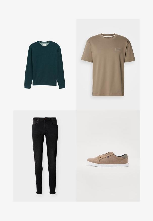 Mørkegrøn langærmet sweatshirt med ribbet rund hals, blødt stof og en diskret logo-detail på fronten. Klassisk pasform.; Khaki kortærmet t-shirt lavet af bomuld, med en rund udskæring og et lille logo-patch foran. Glat tekstur, afslappet pasform.; Sorte skinny-fit jeans med fem lommer, knaplukning og bæltestropper, vist på en ensfarvet lysegrå baggrund.; Beige lærreds sneakers med lavt design, hvid gummisål og runde snørebånd. Har et kontrasterende gråt hælrelief og logo detalje.