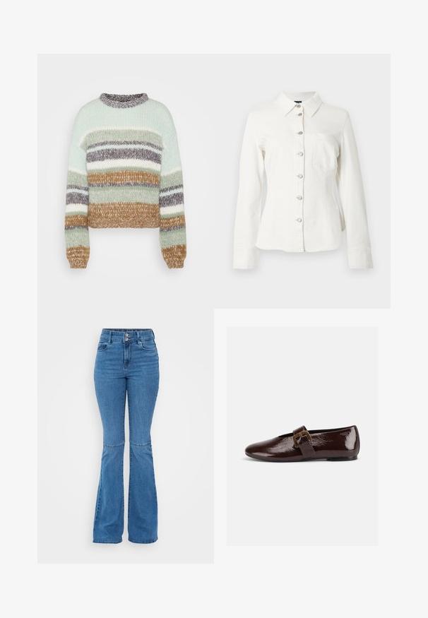 ONLY Tall ONLALYSSA LIFE O NECK - Πουλόβερ - magnet/aqua gray/cloud dancer/hedge green; Λευκό τζιν πουκάμισο με γιακά, μακριά μανίκια και εμπρόσθιο κούμπωμα με κουμπιά. Διαθέτει μία τσέπη στο στήθος και ασημένιες λεπτομέρειες με κουμπιά.; Μπλε φαρδιές τζιν παντελόνες από τζιν, με ψηλή μέση, διπλό κούμπωμα και ραμμένα σχέδια στις ραφές των γονάτων.; Σκούρο καφέ παπούτσι από λουστρίνι με μεγάλο χρυσό πόρπη και στρογγυλεμένη μύτη, σε προφίλ, σε λευκό φόντο.