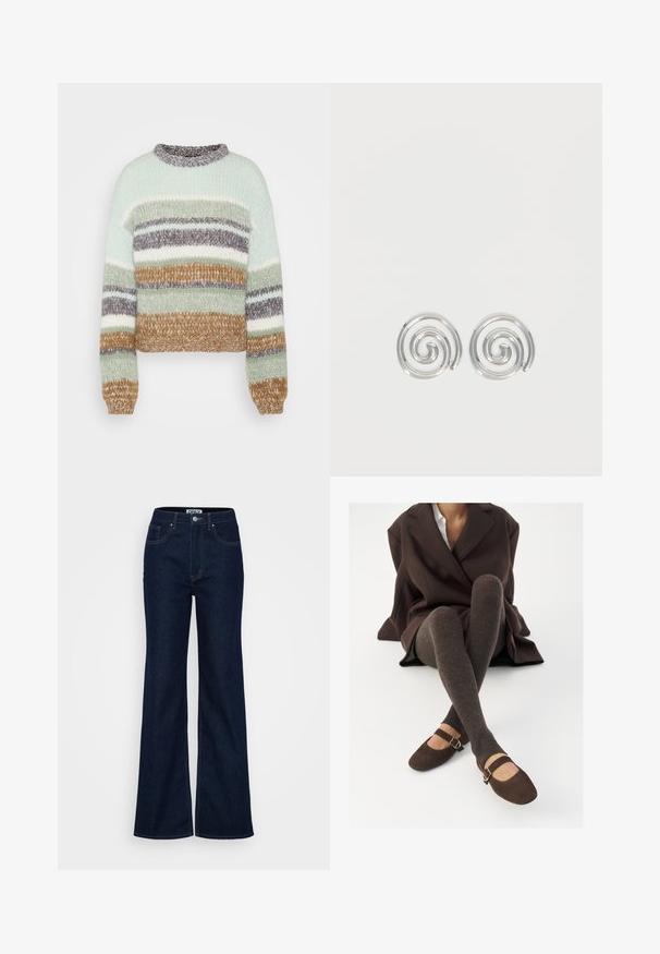 ONLY Tall ONLALYSSA LIFE O NECK - Πουλόβερ - magnet/aqua gray/cloud dancer/hedge green; ONLY Tall ONLJUICY WIDE RINSE - Wide leg - dark blue denim; Καφέ ριγέ κάλτσες μέχρι το γόνατο συνδυασμένες με καφέ σουέντ Mary Jane παπούτσια με διακοσμητική ζώνη και αγκράφα, φορεμένα με ένα σκούρο παλτό.; Ζεύγος ασημένια σκουλαρίκια με σπιράλ και λείο, στρογγυλεμένο σχέδιο σε απλό λευκό φόντο.
