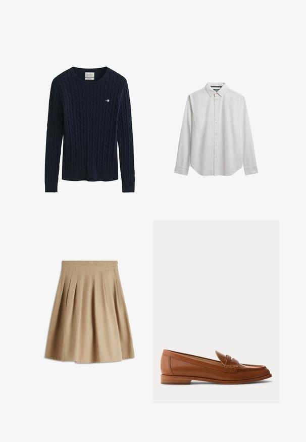 Marineblauwe kabelgebreide trui met lange mouwen, ronde hals en een klein geborduurd logo op de linkerborst.; Witte blouse met lange mouwen, knoopsluiting en een button-down kraag, weergegeven op een witte achtergrond.; Beige knielange geplooide rok met brede tailleband en plooi-boxen, gemaakt van gladde stof, weergegeven op een witte achtergrond.; Bruine leren loafer met lage houten hak, klassieke pennyriem en gestikte details langs de neus en zijkanten.
