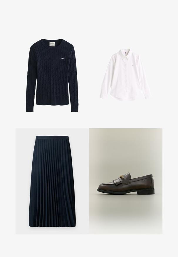 Marineblauwe kabelgebreide trui met lange mouwen, ronde hals en een klein geborduurd logo op de linkerborst.; Witte button-up shirt van katoen met een klassieke kraag, lange mouwen en een afgeronde zoom. Heeft een klein gekleurd logo op de borst.; Geplooide marineblauwe rok met een gestructureerde tailleband, gemaakt van een soepele stof, met gelijkmatig verdeelde verticale plooien en een lengte tot halverwege het kalf.; Donkerbruine leren loafer met franjes en gouden gesp op zwarte zool, gezien van opzij tegen een neutrale achtergrond.