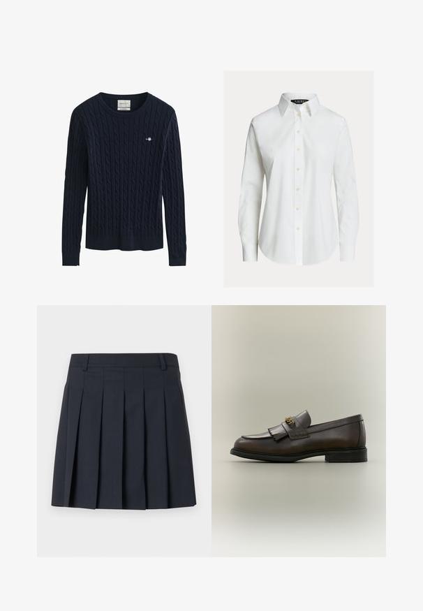Pull bleu marine à manches longues en maille torsadée avec col rond et petit logo brodé sur la poitrine gauche.; Chemise blanche à manches longues avec col pointu, boutons sur le devant et ourlet légèrement incurvé.; Jupe plissée bleu foncé avec une ceinture plate, fabriquée en tissu lisse. Elle présente plusieurs plis verticaux et une coupe ajustée.; Mocassin en cuir marron foncé avec détail à franges et boucle dorée sur semelle noire, vu de côté sur un fond neutre.