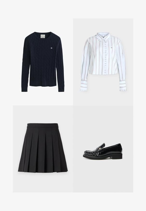 Jersey de punto trenzado azul marino con mangas largas, cuello redondo y pequeño logo bordado en el pecho izquierdo.; Blusa blanca corta de manga larga con rayas verticales finas rojas y azul marino, con bordes fruncidos en el cuello, la tapeta de botones y los puños.; Falda plisada negra con cinturilla plana. Hecha de una tela suave, presenta pliegues verticales uniformes y un dobladillo recto. Sin cierres visibles.; Mocasines de charol negro con un borde decorativo recogido, suela de goma plana y un pequeño logotipo metálico como acento en la correa.