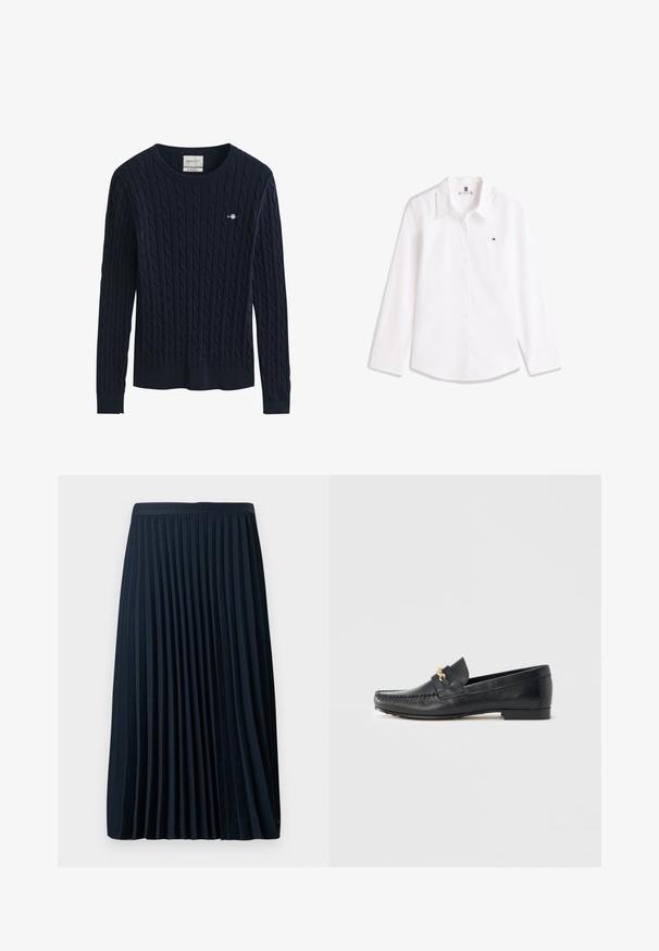 Pull bleu marine à manches longues en maille torsadée avec col rond et petit logo brodé sur la poitrine gauche.; Chemise blanche à manches longues, boutonnée, avec col et petit logo brodé sur la poitrine gauche.; Jupe plissée marine avec une taille texturée, en tissu lisse, présentant des plis verticaux régulièrement espacés et un design mi-mollet.; Mocassin en cuir noir avec garniture décorative en métal doré, coutures apparentes, bout légèrement pointu et semelle plate et minimaliste.