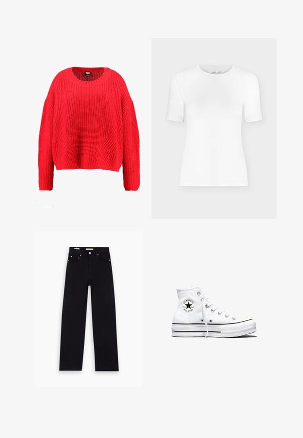 Suéter rojo de punto con cuello redondo, hombros caídos y borde acanalado. Presenta un patrón texturizado y grueso en toda la prenda.; Camiseta blanca de manga corta con cuello redondo, ajuste slim y textura de tejido acanalado, mostrada sobre un fondo liso gris claro.; Jeans de mezclilla negros con corte recto, cinco bolsillos, herrajes de cobre y una textura suave. Dos etiquetas visibles en la cinturilla.; Zapatilla blanca de caña alta Converse Chuck Taylor All Star con parche de logo negro y cordones blancos, presentada sobre fondo blanco.
