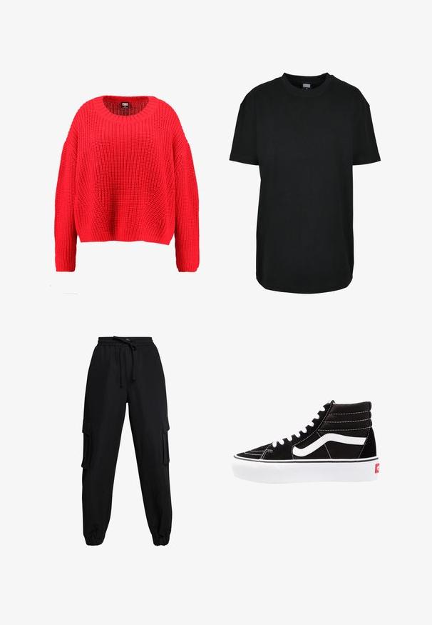 Roter Strickpullover mit rundem Ausschnitt, überschnittenen Schultern und geripptem Saum. Verfügt über ein strukturiertes, grob gestricktes Muster überall.; Schwarzes T-Shirt mit kurzen Ärmeln und Rundhalsausschnitt in Größe XS mit dem Etikett "Urban Classics" innen am Kragen.; Schwarze Cargo-Hosen aus leichtem Material, mit einem elastischen Taillenbund, Kordelzug und Seitentaschen. Die design wird durch umschlagbare Knöchel abgerundet.; Schwarze High-Top-Sneaker mit weißen Schnürsenkeln, einem weißen Logo und kontrastierendem weißen Nähten. Verfügt über eine dicke weiße Sohle und ein strukturiertes Wildleder-Obermaterial.